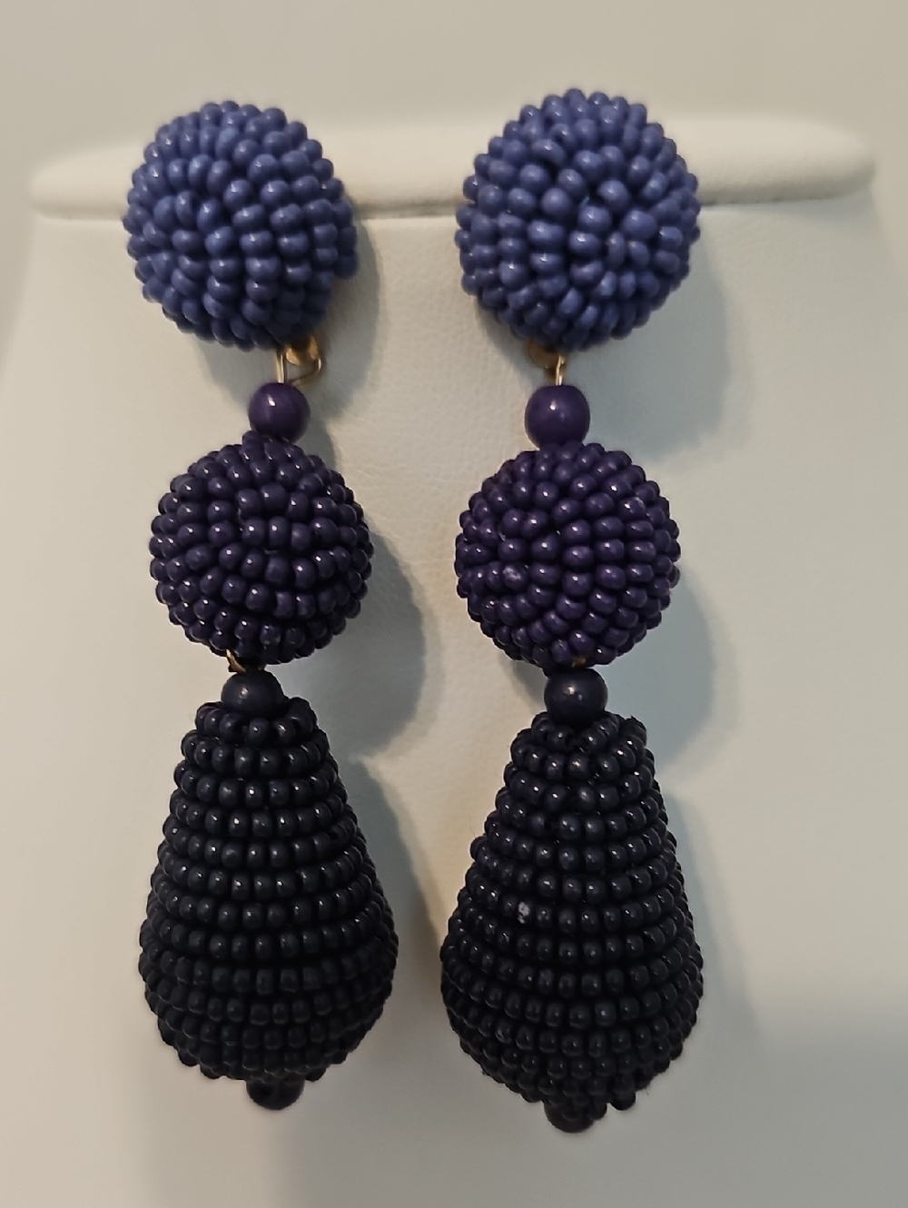 Chico's Triple Beaded Drop Earrings in Navy and Dark Purple